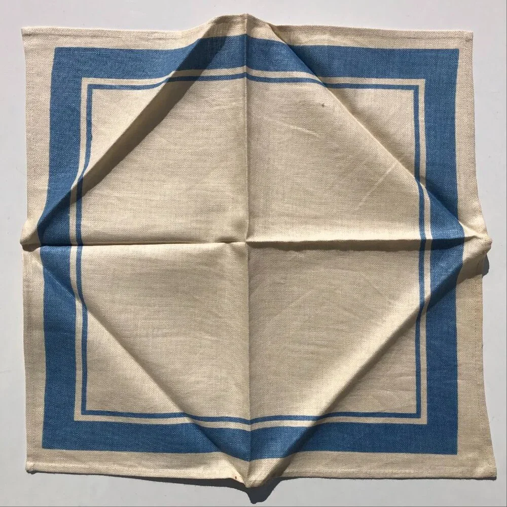 vintage Linen Napkins Cream with Blue Border 1950's set of 4 AS IS with stains